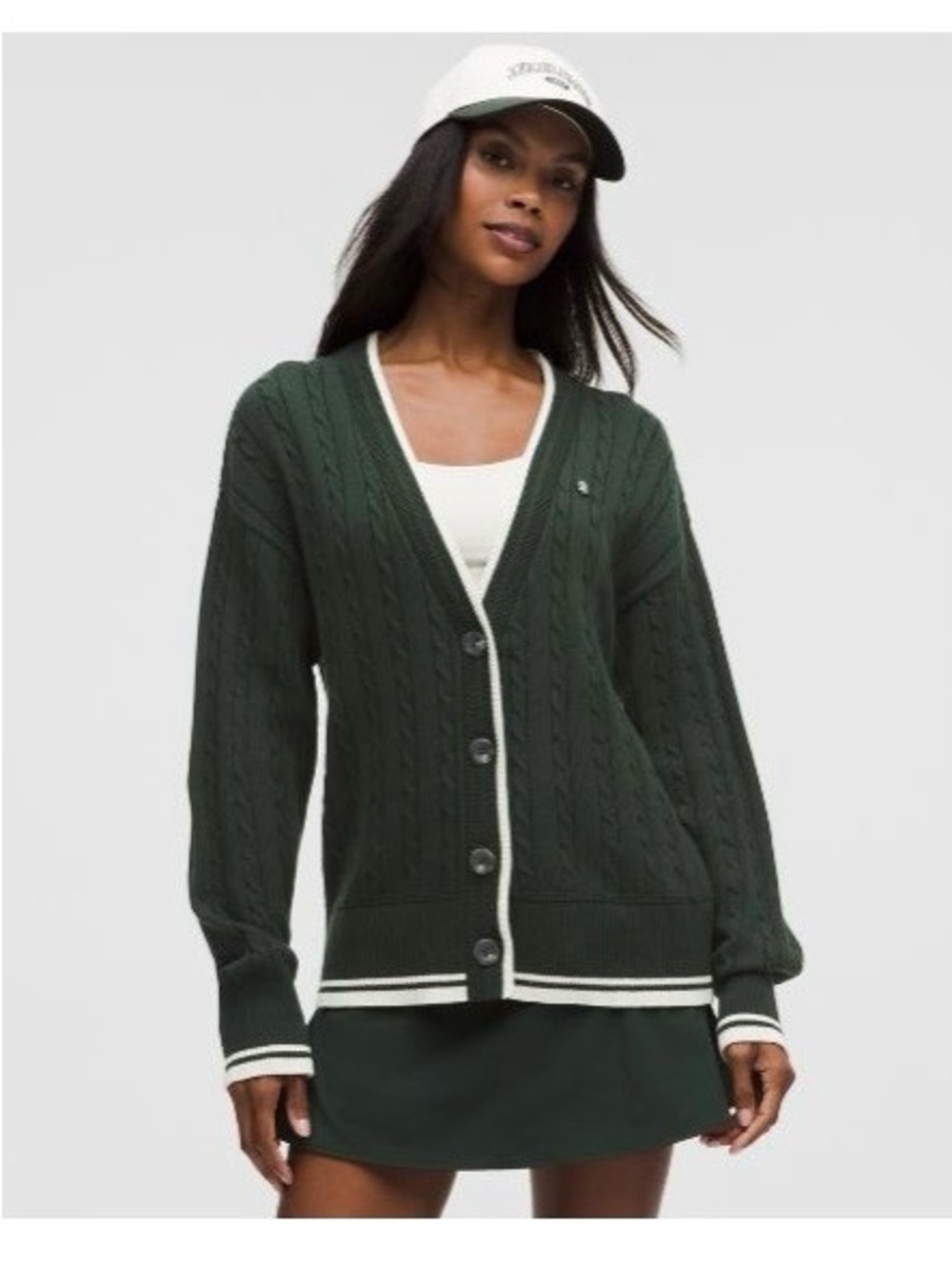 lululemon Cotton-Blend Cable-Knit Cardigan Rainforest Green/Light Ivory S NWT